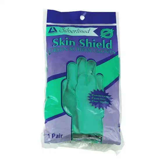 Skin Shield Silver Lined Natural Rubber Gloves Biodegradable Size 10-10.5 Green Vanilla Scent 1 Pair