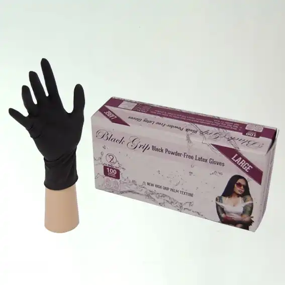 Black Grip Latex Powder Free Large Black Gloves 100 Box
