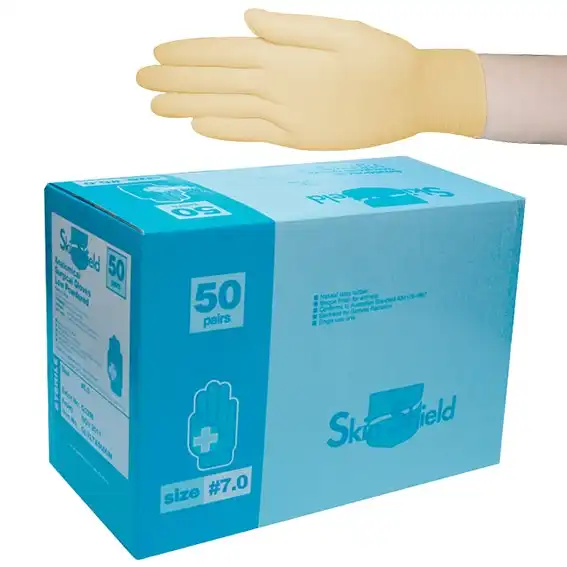 Skin Shield Latex Surgical Low Powder Gloves Sterile size 7.0 50 Pair Box