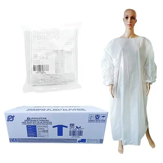 Livingstone Disposable White Poncho Hoodless Recyclable LDPE 80 x 125cm 100 Carton