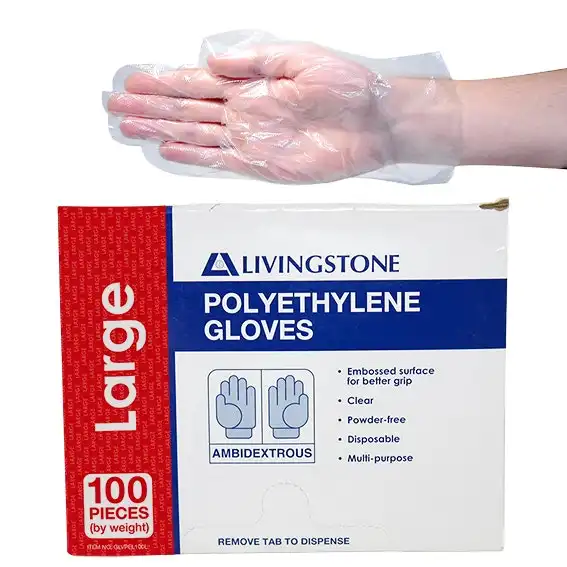 Livingstone Disposable Polyethylene Gloves Large Embossed Ambidextrous Clear 100 Pack