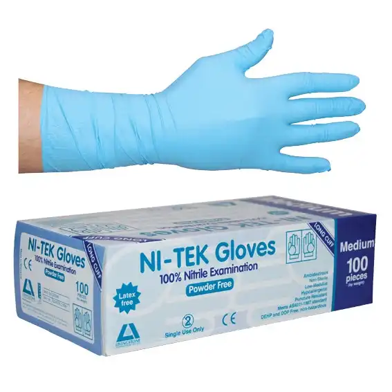 Ni-Tek Nitrile Powder Free Gloves Medium Blue Long Cuff 300mm AS/NZ HACCP Grade 100 Box
