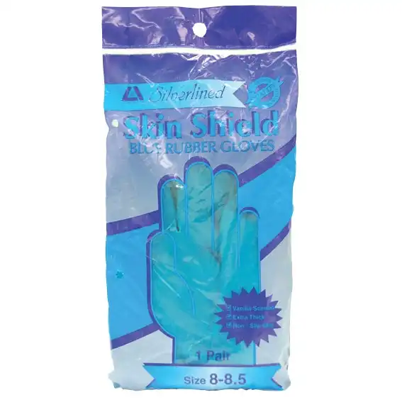Skin Shield Silver Lined Natural Rubber Gloves Biodegradable Size 8-8.5 Blue Vanilla Scent 1 Pair