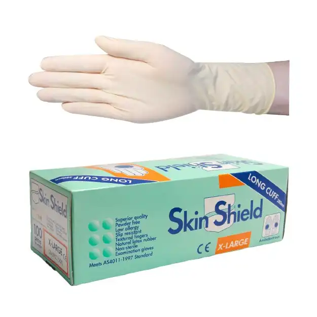 Skin Shield Latex Powder Free Gloves Extra Large Cream AS/NZ Standard Long Cuff 30cm 100 Box