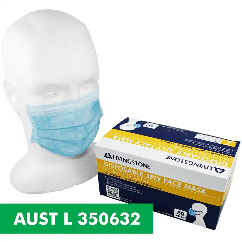 Livingstone Ear Loop Face Mask Level 2 3-Ply Blue 50 Box