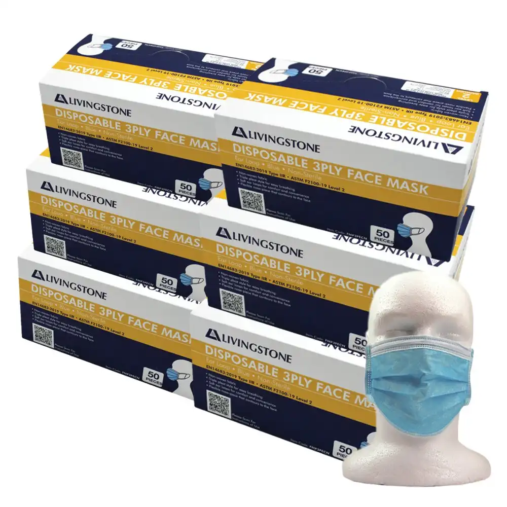 Livingstone Adult Face Mask Level 2 3-Ply Ear Loop Blue 50 Box x6