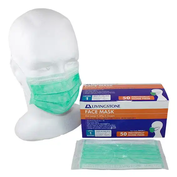 Livingstone Premium Face Mask Ear Loop 3-Ply Level 2 Green 50 Box