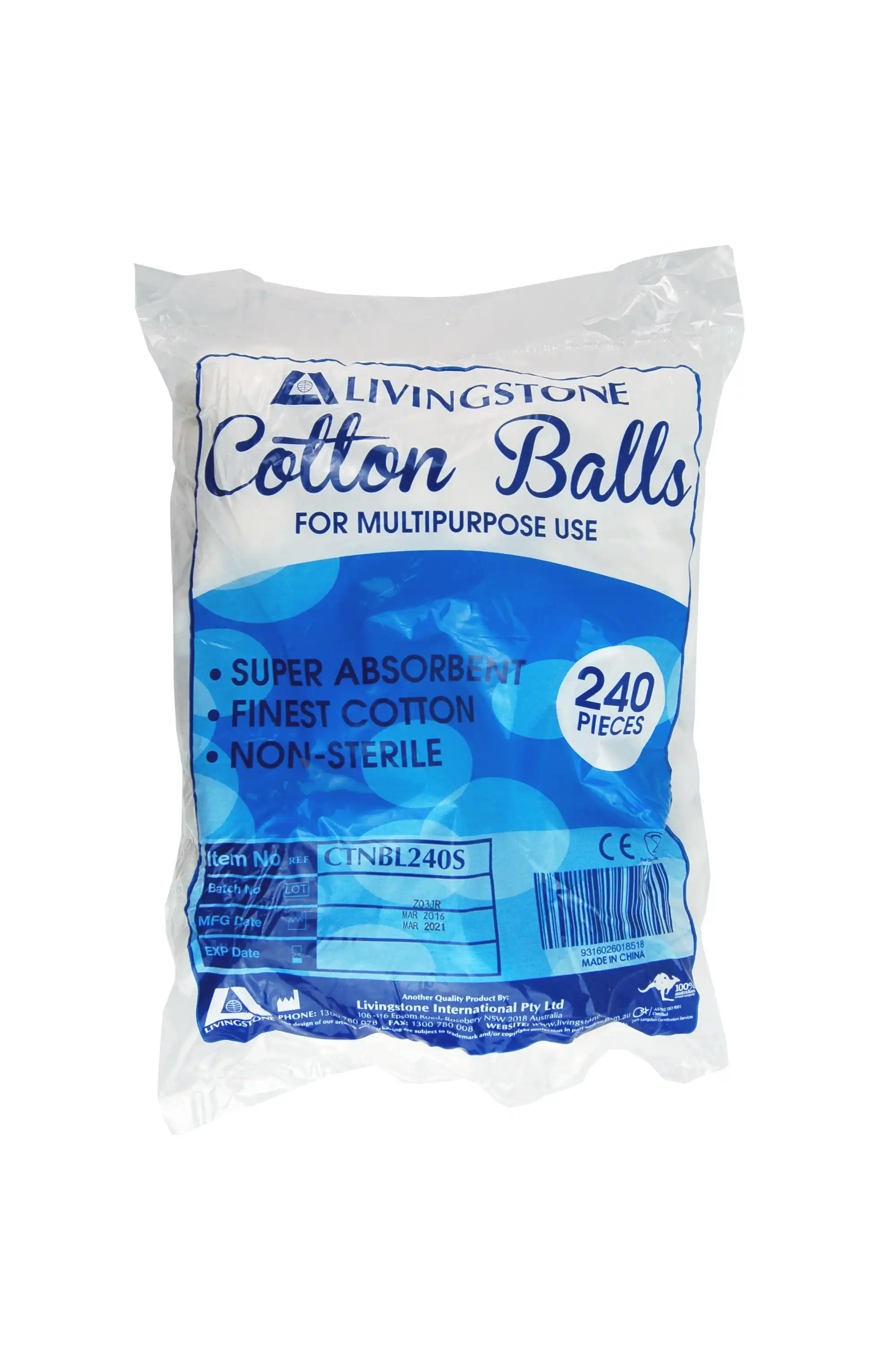 Livingstone Cotton Balls 0.6g Non-Sterile 240 Bag x30