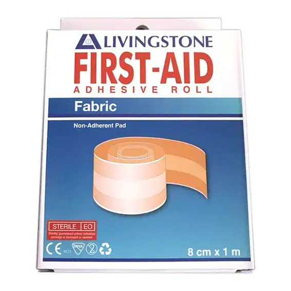 Livingstone Adhesive Fabric First Aid Roll with Pad Latex Free Sterile 8cm x 1m Cut to Desired Size 1 Pack