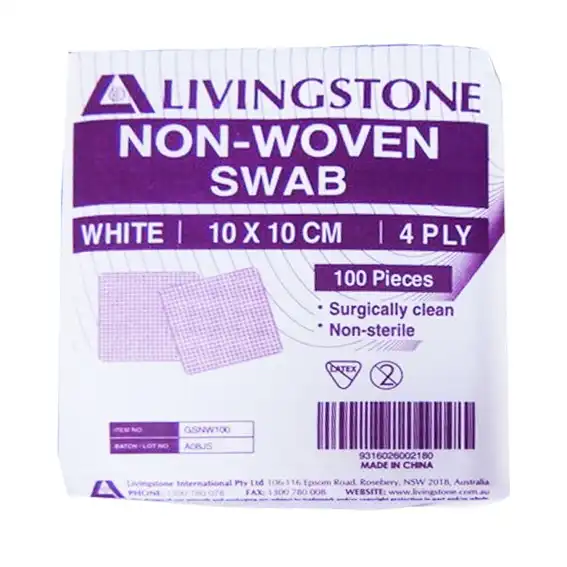 Livingstone Non-Woven Swabs White 4 Ply 10 x 10 cm 100 Pack