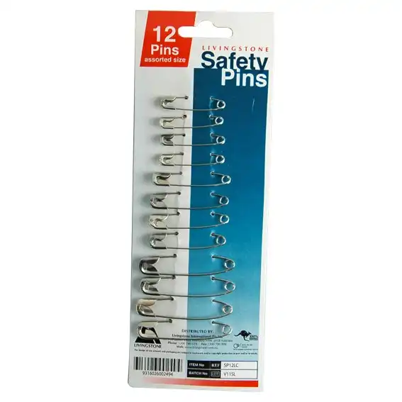 Livingstone Safety Pins, 4 of Each Size, No.1 - 27mm, No. 2 - 38mm and No. 3 - 51mm, 12 Pins/Card