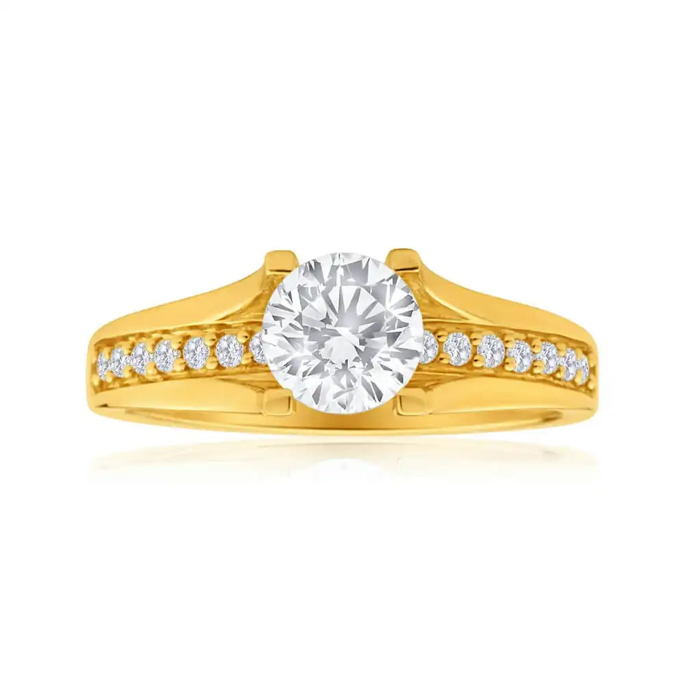 9ct Yellow Gold Round Cubic Zirconia 4 Claw and Channel Set Ring