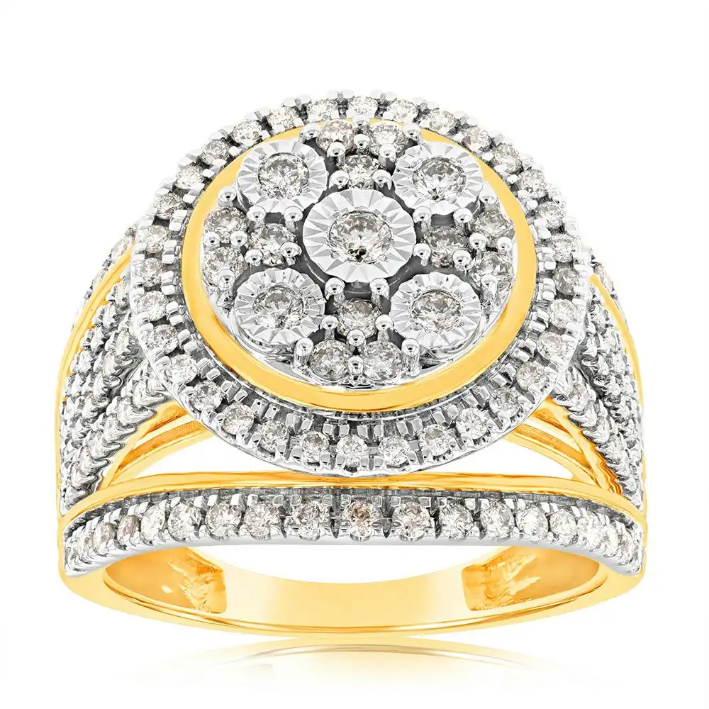 9ct Yellow Gold 1 Carat Diamond Round Cushion Shape Cluster Dress Ring