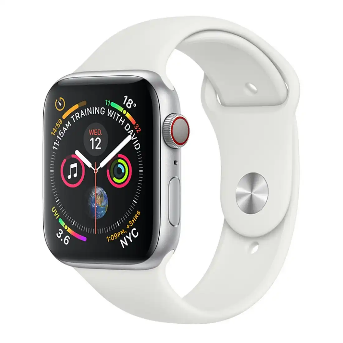Apple Watch 44mm S4 (Cellular) - Silver Al Case w/ White Sport Band [Refurbished] - As New