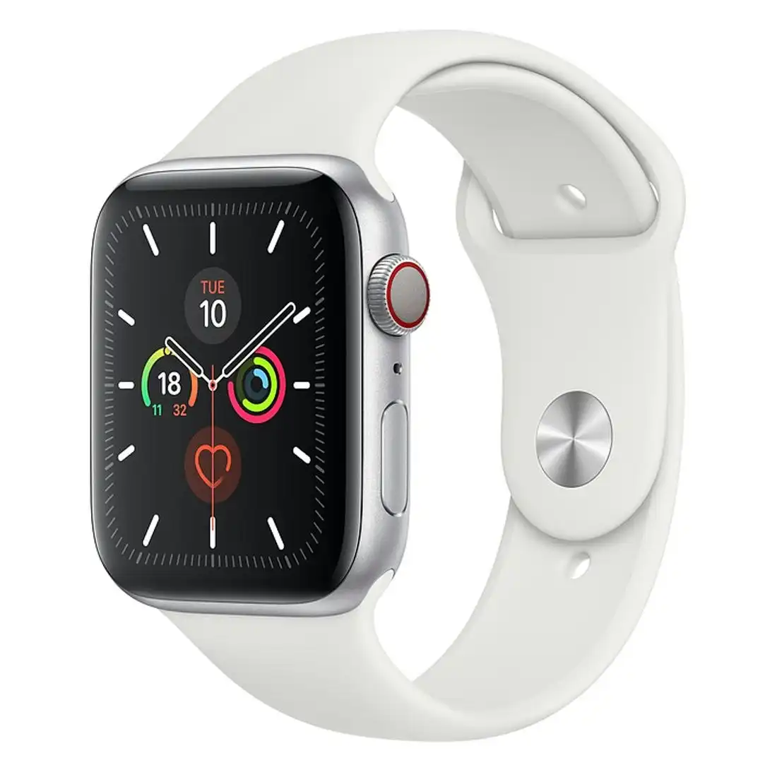 Apple Watch 44mm Series 5 Silver Alu Case w/ White Sport Band  (GPS+Cellular) [Refurbished] - As New