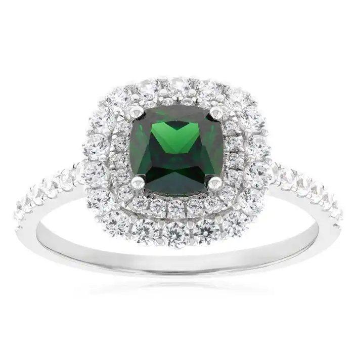 Sterling Silver Rhodium Plated Green And White Cubic Zirconia Cushion Ring