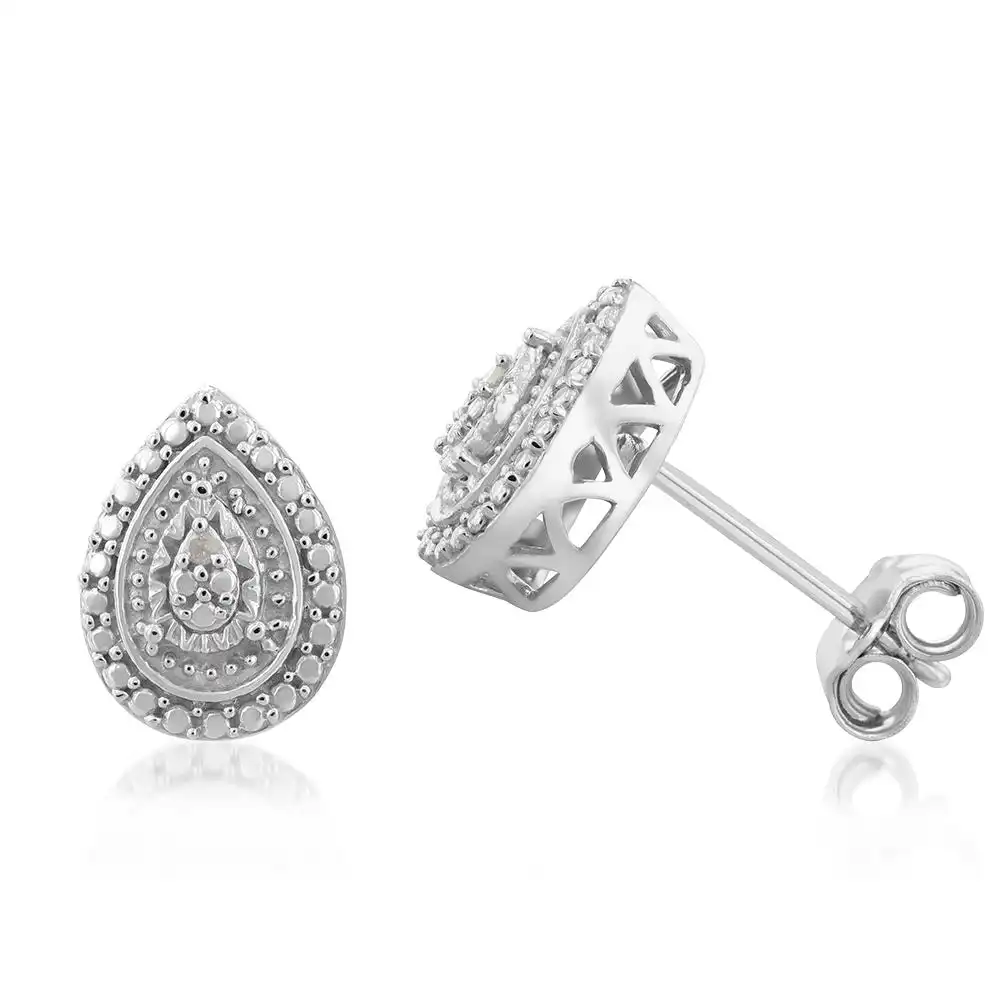 Sterling Silver With 2 Diamond Pear Shape Earing Stud