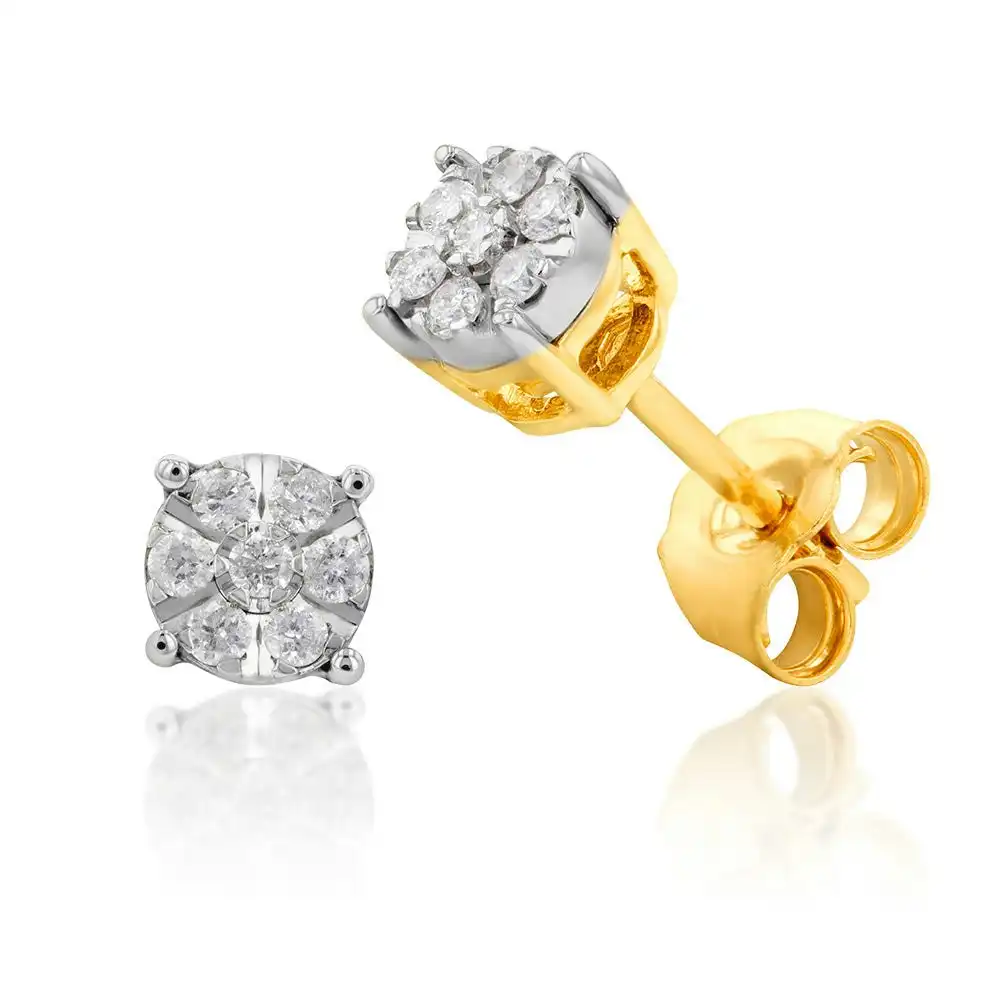 9ct Yellow Gold Diamond Stud Earrings With 14 Brilliant Diamonds