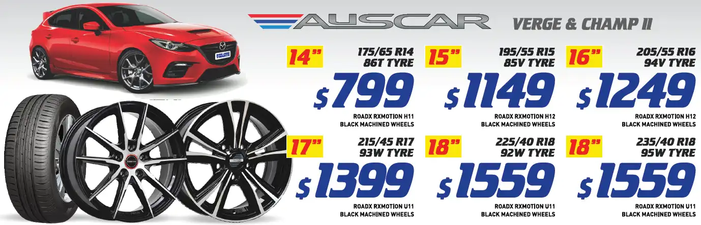 16 4 WHEEL & 4 TYRE PACKAGES - AUSCAR VERGE & CHAMP II ROADX RXMOTION H12 205/55 R16 94V