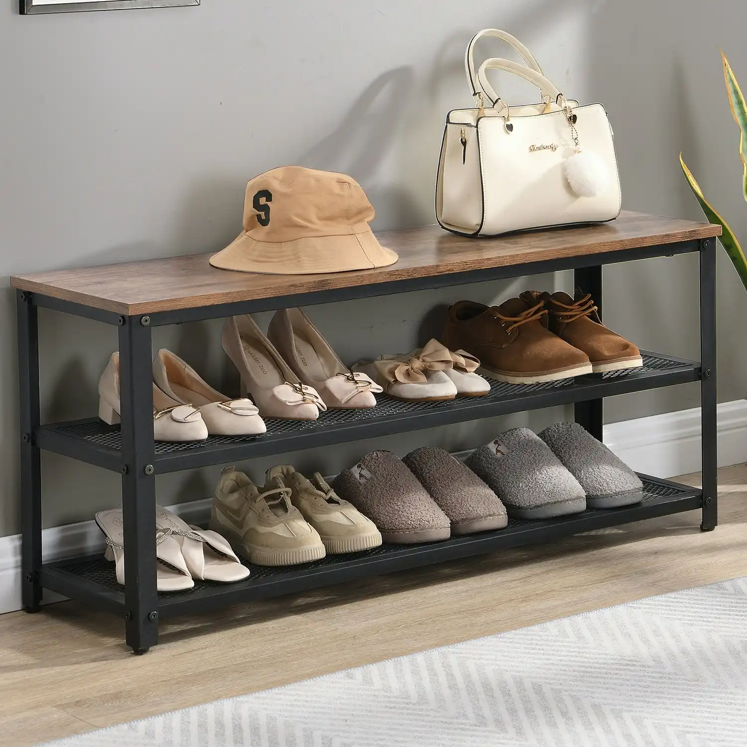 HLIVING 3-Tier Shoe Bench with Storage, Entryway Shoe Rack,Rustic Brown