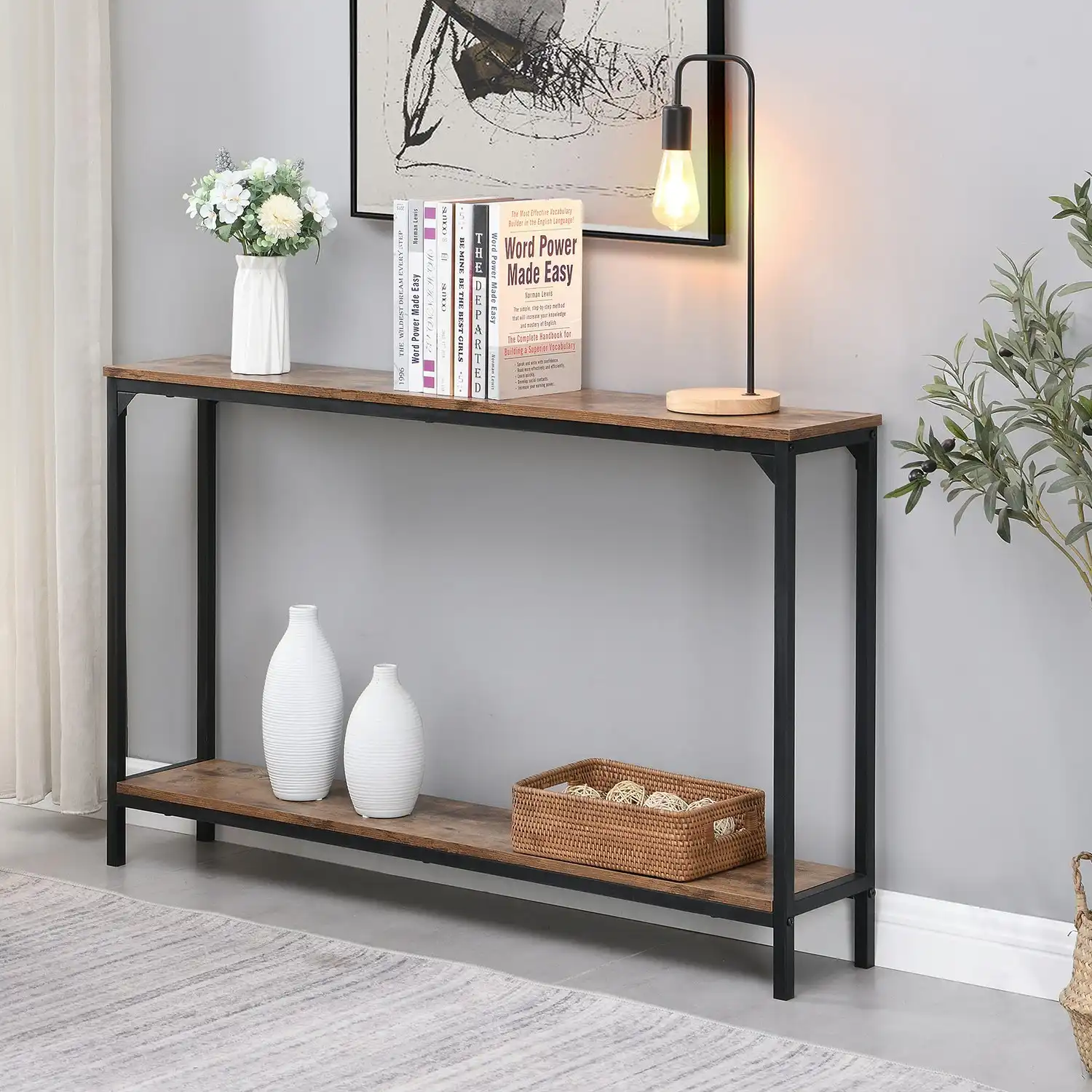 HLIVING Industrial Narrow Console Table, Skinny Entryway Sofa Table, Rustic Brown