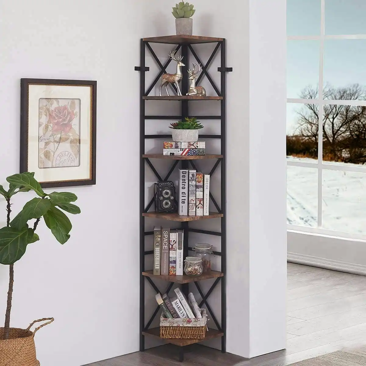 HLIVING 6 Tier Industrial Corner Shelf Unit, Tall Bookcase Storage Display Rac, Brown
