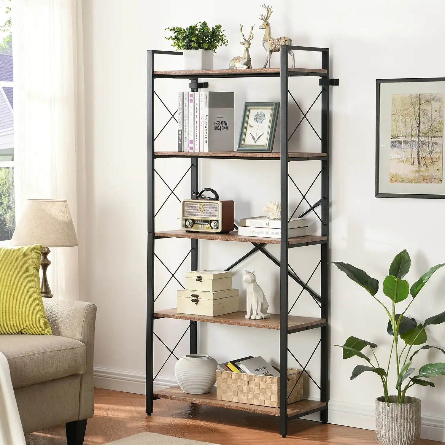 HLIVING Small 5-Tier Industrial Bookshelf and Bookcase,Display Rack,Brown