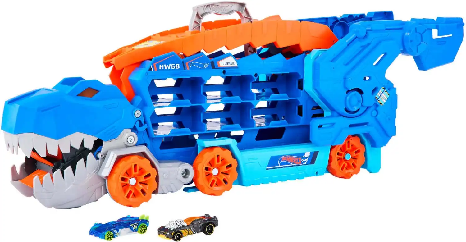 Hot Wheels - City Ultimate Hauler Transforms Into A T-rex With Race Track Stores 20+ Cars - Mattel