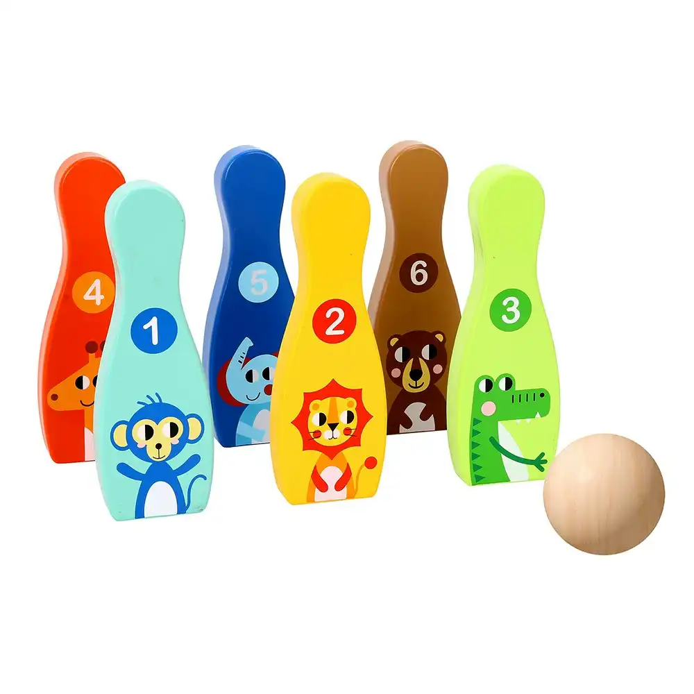 7pc Tooky Toy Kids/Children Wooden Educational Bowling Game Jungle Animals 3y+