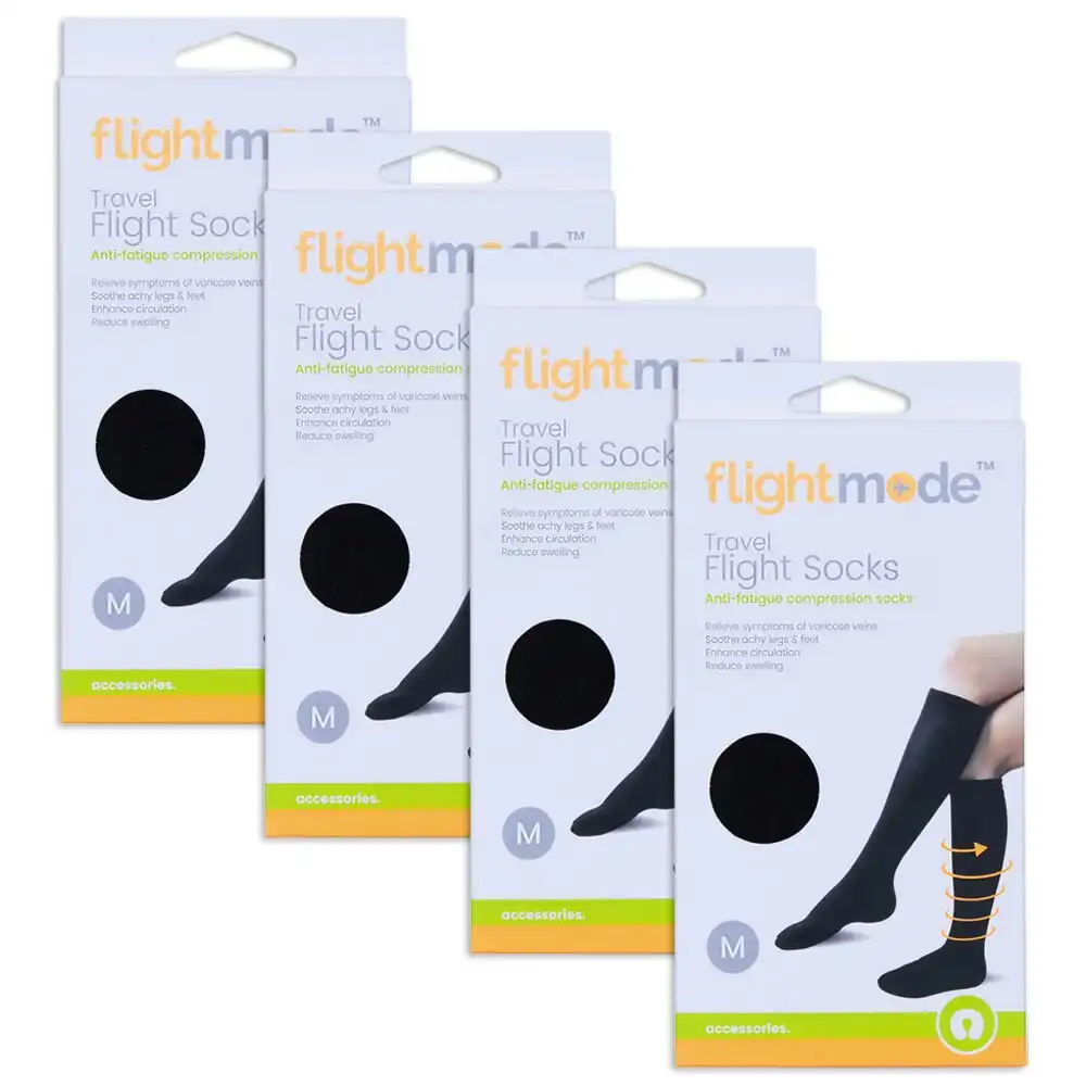 4x Flightmode Unisex 10-12.5cm Polyester Cotton Anti-Swelling Flight Socks M BLK
