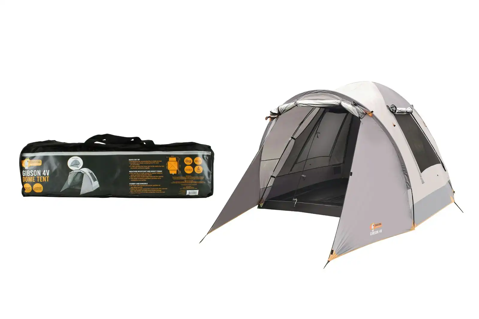 Cockatoo Camping Gibson 4V Dome Tent Waterproof Outdoor Hiking Shelter Grey