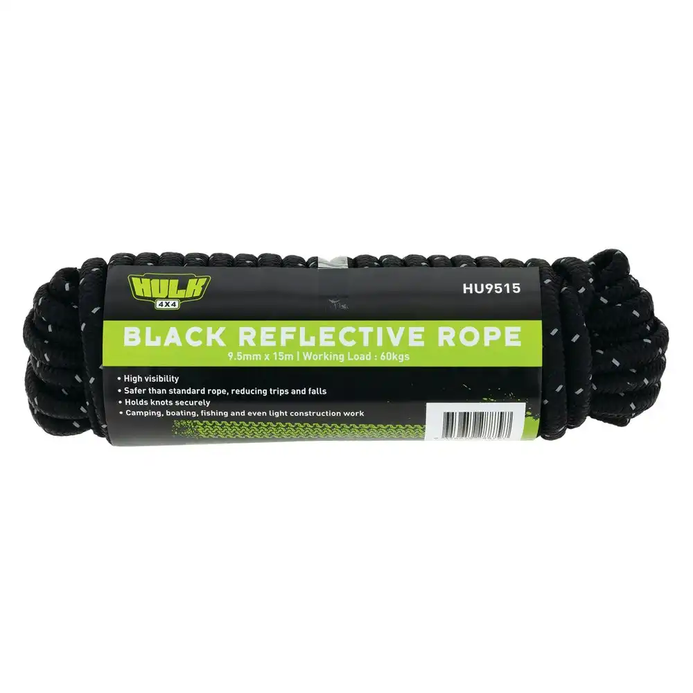 2x Hulk 4X4 Durable 15m Hi-Vis Reflective Rope String For Camping/Boating Black