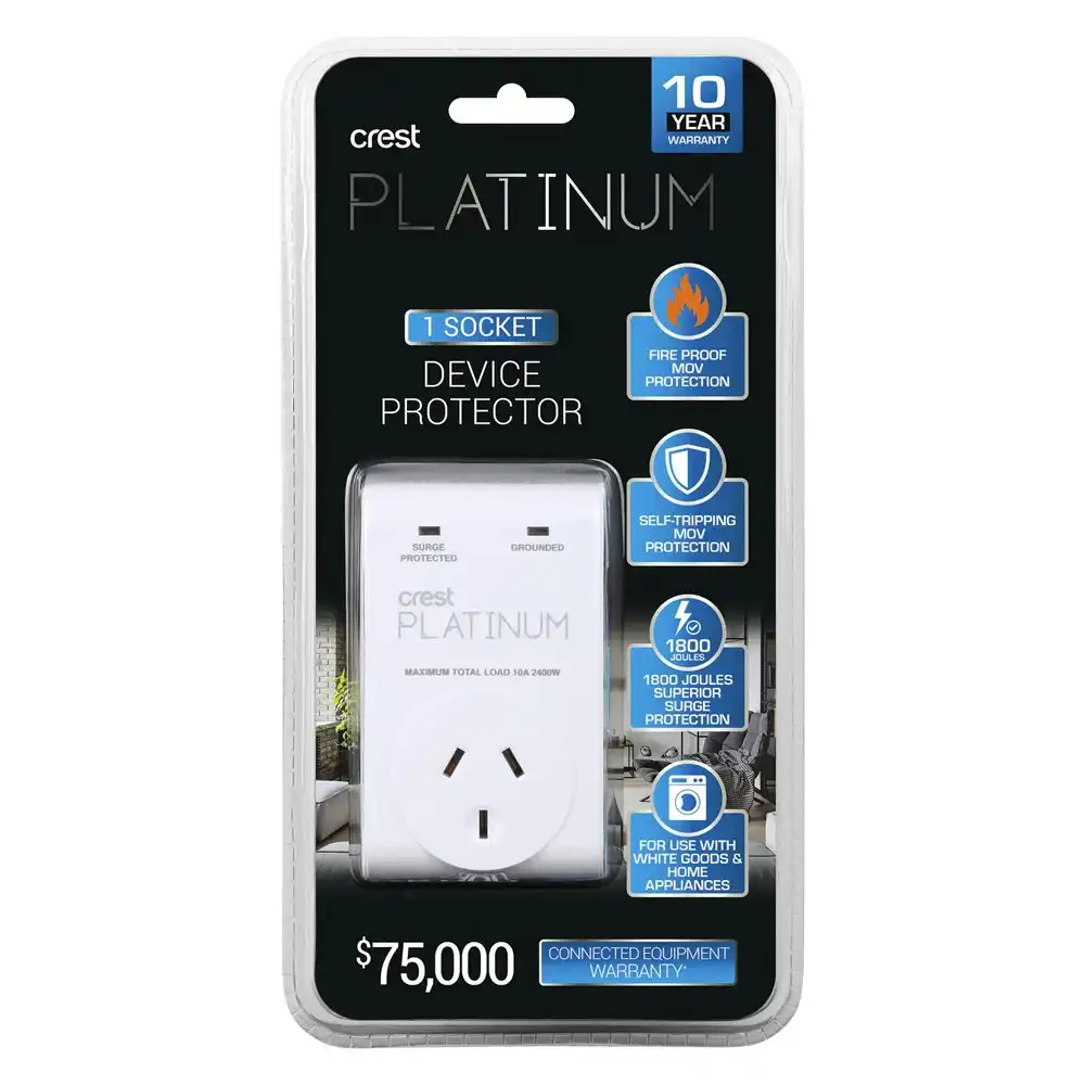 Crest Platinum 1-Socket 2400W Surge/Device Protector AU/NZ Adapter Plug White
