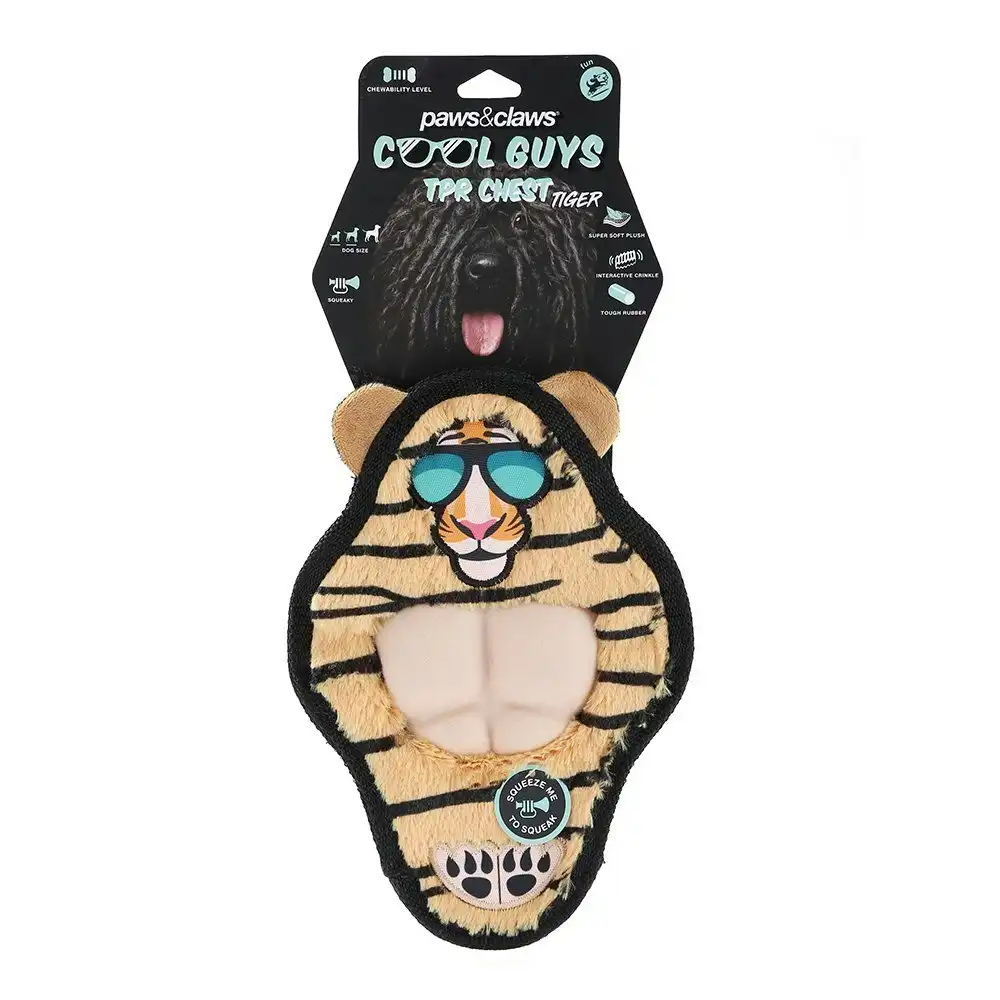 2x Paws & Claws 27cm Cool Guy Tiger TPR Chest Flat Plush Pet/Dog Squeaker Toy