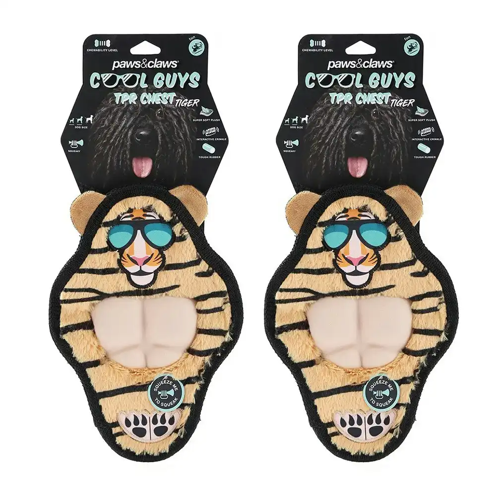 2x Paws & Claws 27cm Cool Guy Tiger TPR Chest Flat Plush Pet/Dog Squeaker Toy