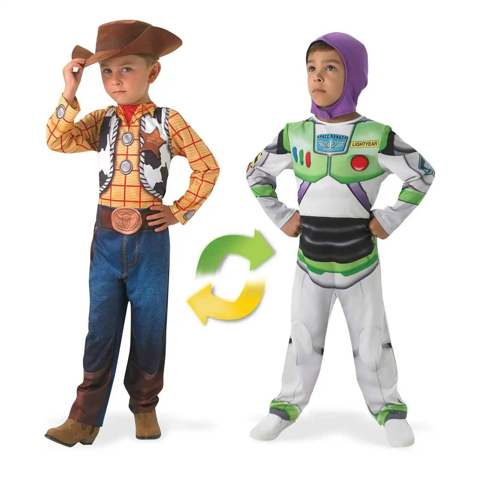 Disney Pixar Buzz To Woody Lightyear Deluxe Reversible Kids Costume 3-5yrs