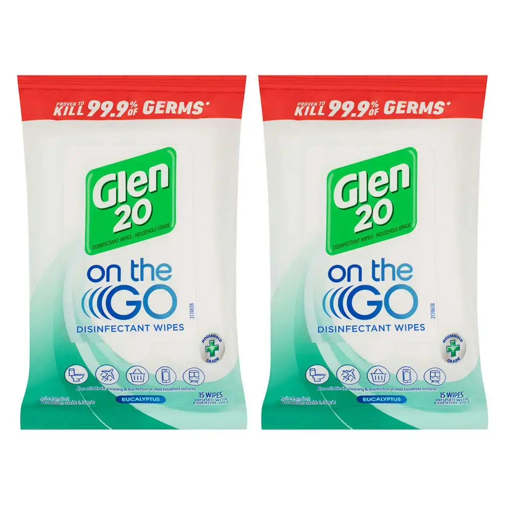 2x 15pc Glen 20 On The Go Travel/Mobile/Basket Cleaning Wet Wipes Eucalyptus