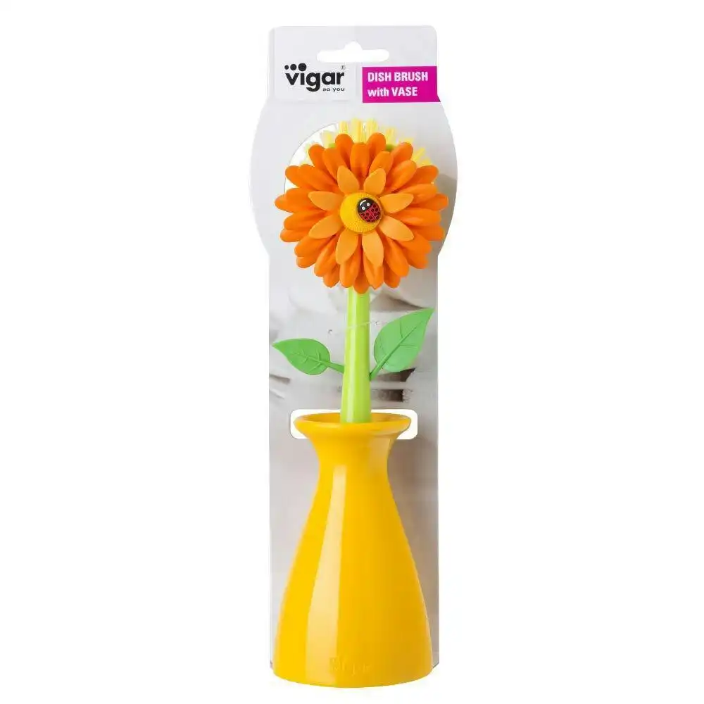 Vigar Flower Power Dish Brush Kitchen Plate/Bowl Cleaner Scrubber w/ Vase Orange