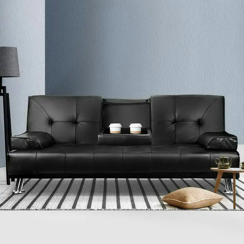 Artiss Sofa Bed Leather Lounge Sofa Couch 3 Seater Black Sofa 188CM