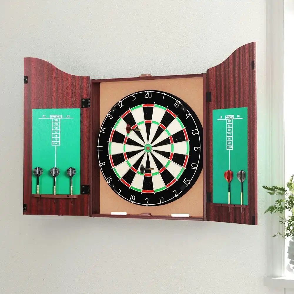 18" Dartboard Dart Board with Steel Darts Wooden Cabinet Party Game