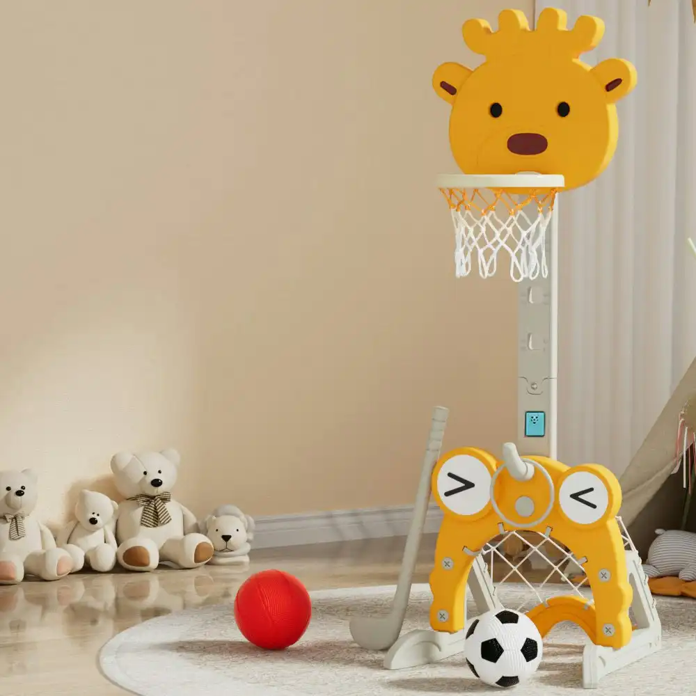 Keezi Kids Basketball Hoop Stand Adjustable 5-in-1 Sports Center Toys Set Yellow