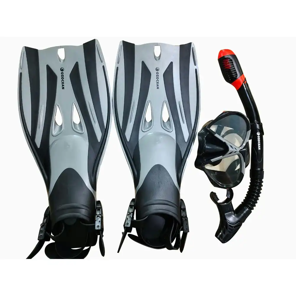 4pc Oz Ocean Rotto Adults S-M Swimming Goggles Mask & Snorkel Set Grey/Black