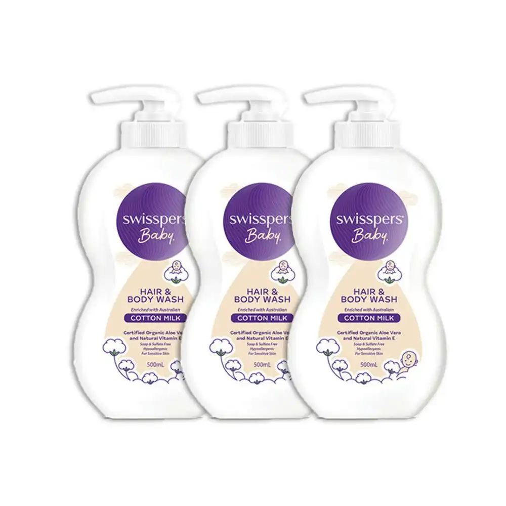 3x Swisspers Baby Cotton Milk Gentle All-In-One Hair & Body Wash Cleanser 500ml