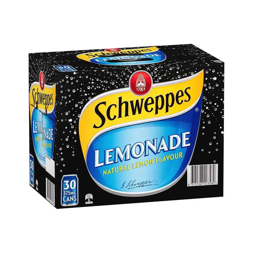 30pc Schweppes Lemon Flavoured Soft Drink Sparkling/Carbonated Soda Cans 375ml
