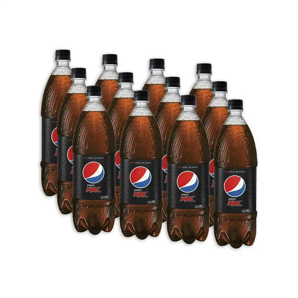 12pc Pepsi Max Cola Flavoured Zero Sugar Soft Drink Sparkling Soda Bottles 1.25L
