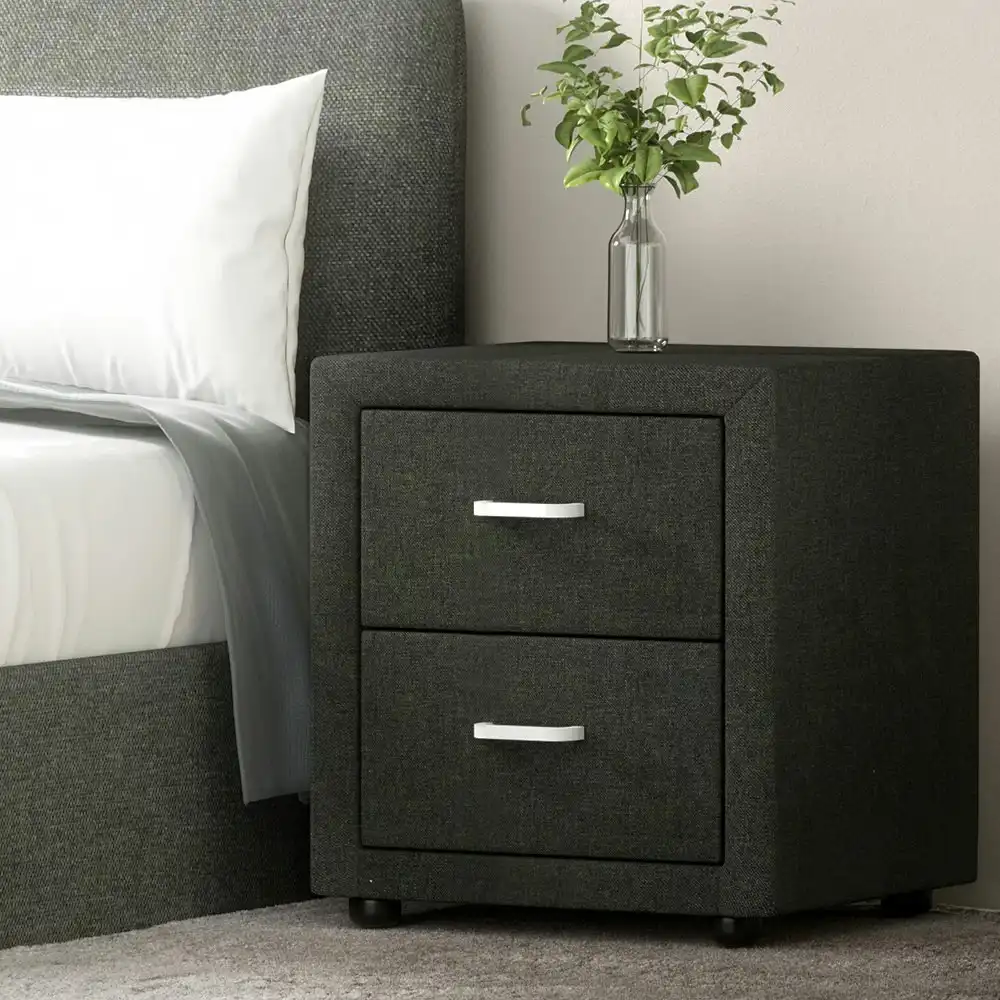 Artiss Bedside Table 2 Drawers Fabric Upholstered Charcoal
