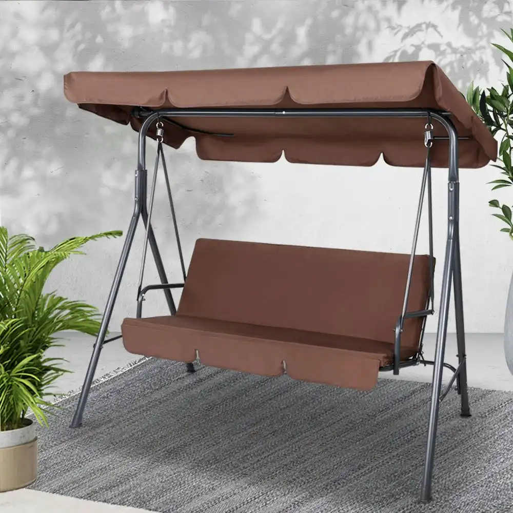 Gardeon Outdoor Steel Swing Chair 3 Seater Garden Bench Canopy - Coffee