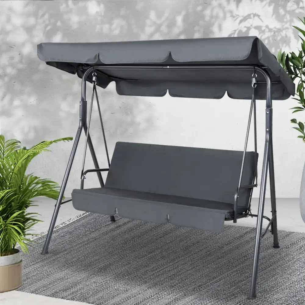 Gardeon Outdoor Steel Swing Chair 3 Seater Garden Bench Canopy - Grey