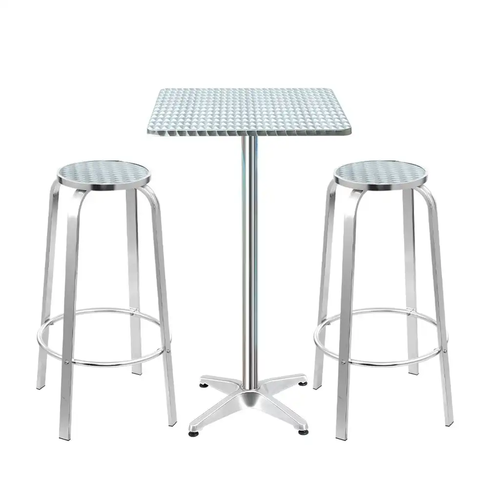 Gardeon 3-Piece Outdoor Bar Table & Stools Adjustable Aluminium Cafe Bistro Set Square