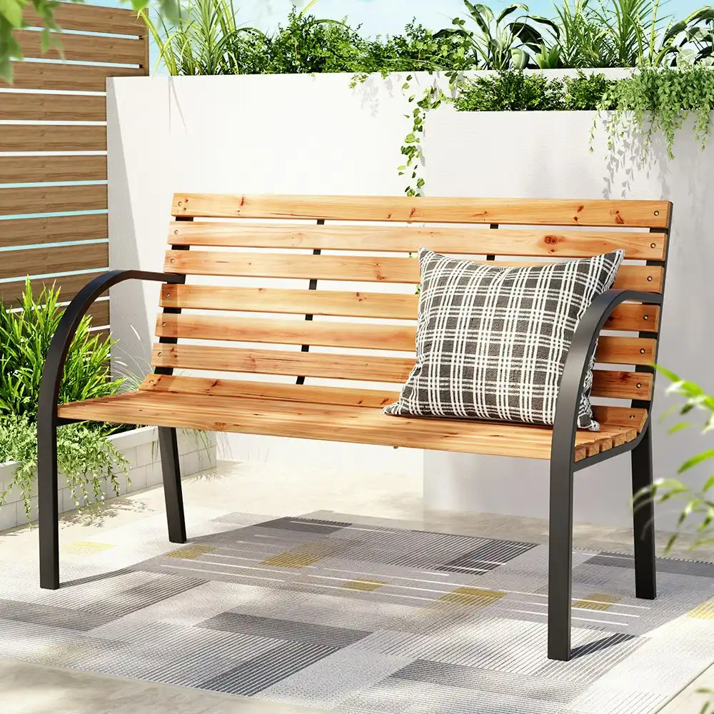 Gardeon Outdoor Garden Bench Seat 120cm Wooden Steel 2 Seater Patio Furniture Natural